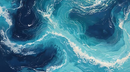 A hyper realistic illustration captures an ocean aerial view, with intricate patterns of currents and subtle water color variations, conveying immense scale and serene power.