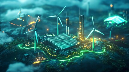 Obraz premium Futuristic eco-industrial complex nestled in a mountainous landscape, powered by wind turbines and solar energy, glowing with vibrant green accents