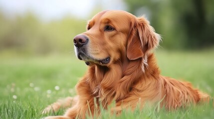 Golden Retriever resting park grass spring day, outdoor pet portrait