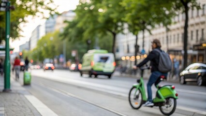 Fototapeta premium Blurred eco-friendly city scene with green transport symbolizing carbon reduction and sustainability 