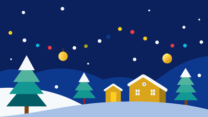 Winter night landscape with a festive Christmas tree and snow-covered village houses under a moonlit sky