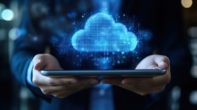 Businessperson holding tablet, digital cloud data, night office background, cloud computing concept