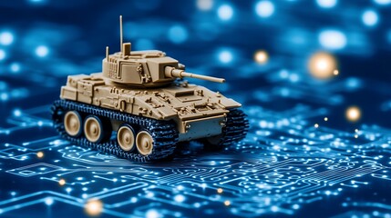 Small model tank on a circuit board background.