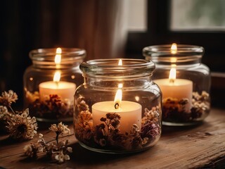 Obraz premium Three glass jars containing lit candles and dried flowers on a wooden surface near a window