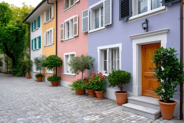 Obraz premium Colorful houses lining cobblestone street with potted plants adding charm