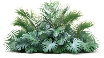 Obraz premium Lush tropical foliage, vibrant green plants, isolated on white background, dense cluster of palm and monstera leaves.
