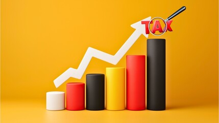 Tax Revenue Growth: An upward-trending graph, symbolizing increasing tax revenue.The word "TAX" is highlighted with a magnifying glass. Generative ai illustration