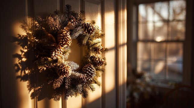 Warm Light Illuminating Pine Wreath by Window - Powered by Adobe