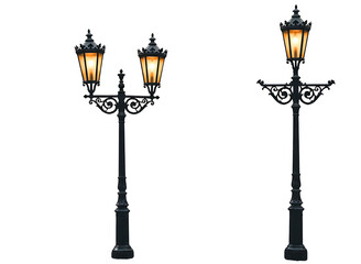 Ornate vintage black cast iron street lamp with glowing light isolated on transparent background