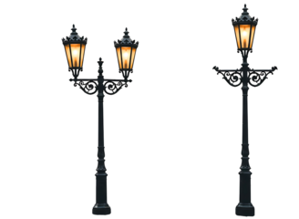 Ornate vintage black cast iron street lamp with glowing light isolated on transparent background