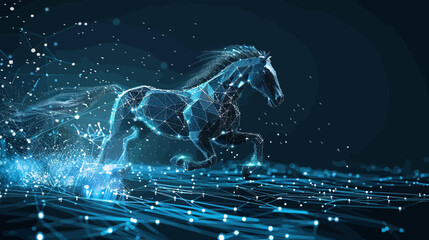 a horse made of a network of data points running in a digital field