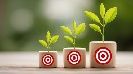 Growth Target Achieved: Saplings emerge from wooden blocks adorned with target symbols, symbolizing growth, achievement, and the pursuit of objectives.Generative ai illustration