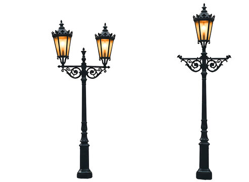 Ornate vintage black cast iron street lamp with glowing light isolated on transparent background - Powered by Adobe