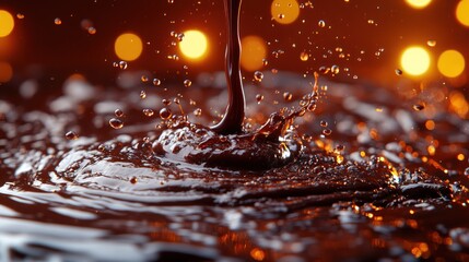 Rich, dark chocolate pouring, creating a splash with bokeh background.