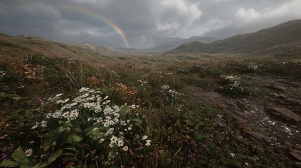 Enchanting Rainbow Over a Verdant Meadow with Wildflowers