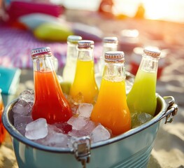 Colorful glass bottles filled with refreshing drinks chilling in an ice bucket on the beach, basking in the warm glow of sunset