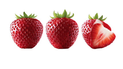 Fresh strawberries displayed with one cut open, showcasing vibrant red interior and green tops