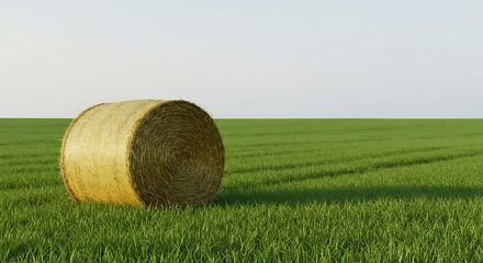 Golden hay bale resting in a lush green field under a clear sky
