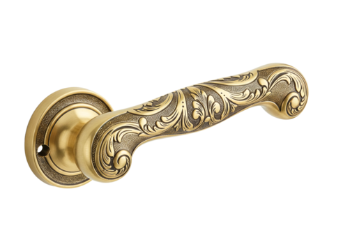 Antique ornate brass door handle with keyhole isolated on transparent background