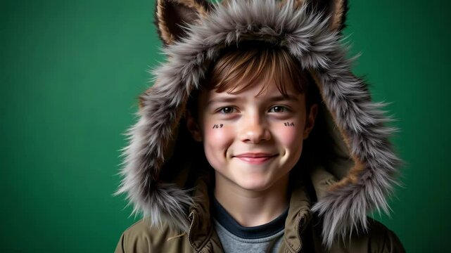 A fifteen-year-old boy wears a realistic werewolf costume, complete with a faux fur hood, in a close-up shot isolated against a green background, captured in 4k.