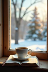 Cozy Winter Morning A Warm Drink, Open Book, and Serene Snowy Landscape Viewed from a Window