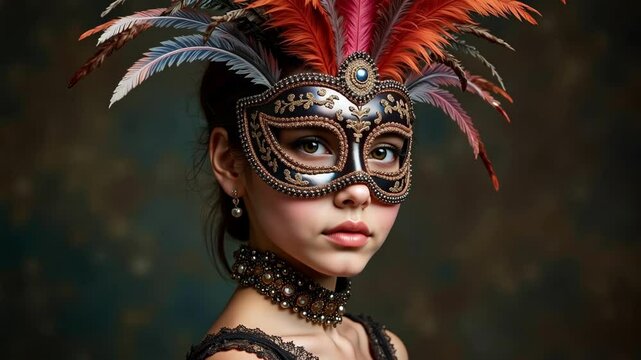 A striking 4k close-up captures an eighteen-year-old girl in a luxurious masquerade costume, her face partially hidden behind a feathered mask, exuding mystery.