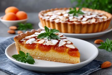 Homemade apricot tart with almond flakes and powdered sugar