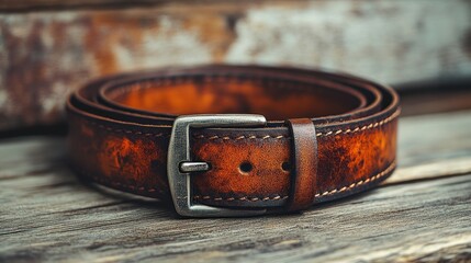 Rolled brown leather belt with silver buckle on rustic wooden surface.