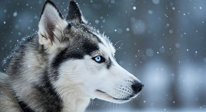 Majestic Siberian Husky in Winter Wonderland Stunning Blue Eyes Snow Dog Breed Canine Cold Weather Portrait Animal Photography
