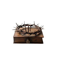 Crown of Thorns and Nails on Wooden Box - Religious Symbol