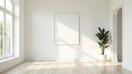 Obraz premium Sunlit Empty Room with White Walls and Large Window, Featuring a Simple Plant and Blank Frame Ready for Artwork