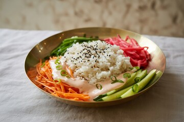 Delicious bibimbap recipe: korean mixed rice with fresh vegetables and sesame seeds