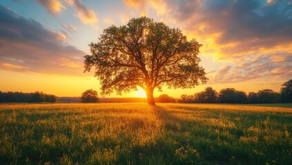 Fototapeta premium A solitary tree stands in a sunlit field during a vibrant sunset, casting long shadows and illuminating the sky with warm golden hues.
