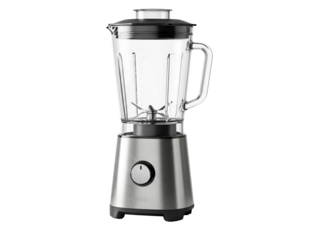 Modern stainless steel blender with glass jar isolated on transparent background