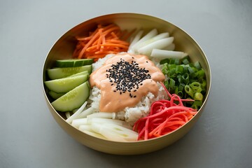 Delicious bibimbap korean rice bowl with vegetables and spicy gochujang sauce