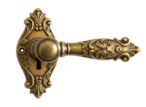 Antique ornate brass door handle with keyhole isolated on transparent background - Powered by Adobe