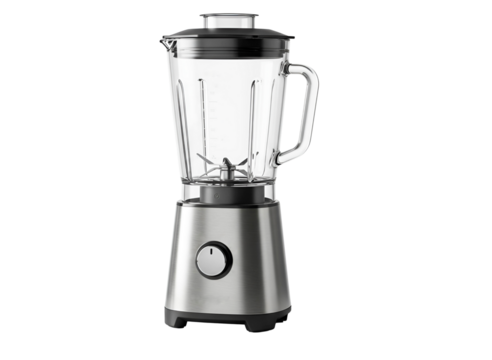 Modern stainless steel blender with glass jar isolated on transparent background