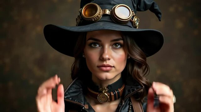 A captivating close up shows a thirty something woman portraying a steampunk witch adorned with intricate goggles in stunning four k footage