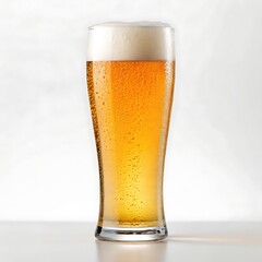 A refreshing pilsner beer in a tall glass with condensation and a thick foamy head on a white background