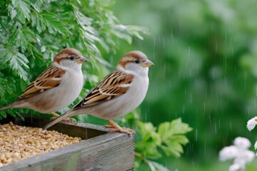 Two sparrows eating seeds from wooden bird feeder during summer rain