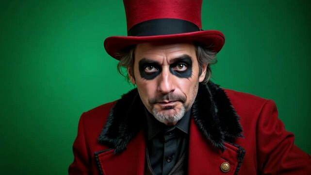 A middle-aged man portrays a sinister circus ringmaster in a close-up 4k portrait on a green screen, ideal for compositing spooky Halloween content.