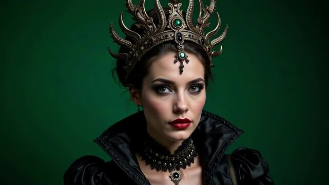 Dramatic 4k footage showcases a forty-three-year-old woman transformed into a captivating wicked queen with intricate makeup and a regal crown against a vibrant green backdrop.