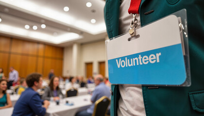Volunteer tag card close-up at conference hall, community engagement