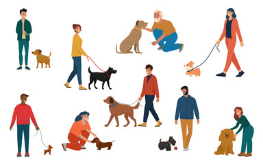 Diverse individuals interact with dogs in various scenes, showcasing walking, playing, and bonding activities. This vibrant vector illustration highlights daily pet care and enjoyment.