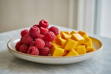 Fresh raspberries and mango cubes on plate healthy fruit salad summer dessert idea