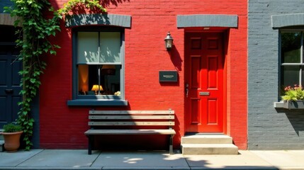 Vibrant Red Brick Building with a Wooden Bench, Gray Accents, and a Striking Red Door
