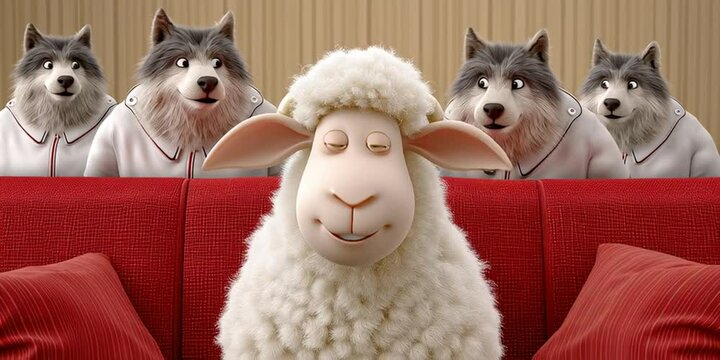 A fluffy cute sheep is sitting on a couch surrounded by a pack of hungry wolves behind her
