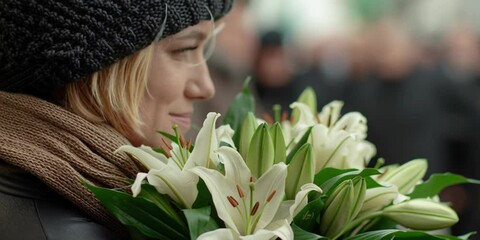young woman with a bouquet of flowers - orchids for the widow