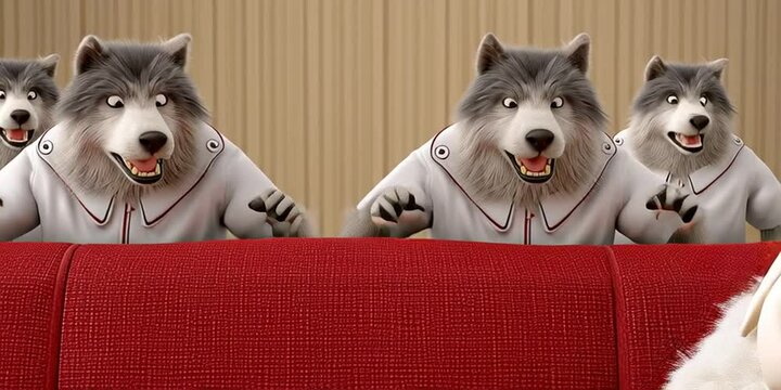 A fluffy cute sheep is sitting on a couch surrounded by a pack of hungry wolves behind her