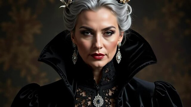 A striking close-up showcases a sixty-three-year-old woman elegantly adorned as a vampire countess, featuring impeccable makeup in stunning 4k footage.